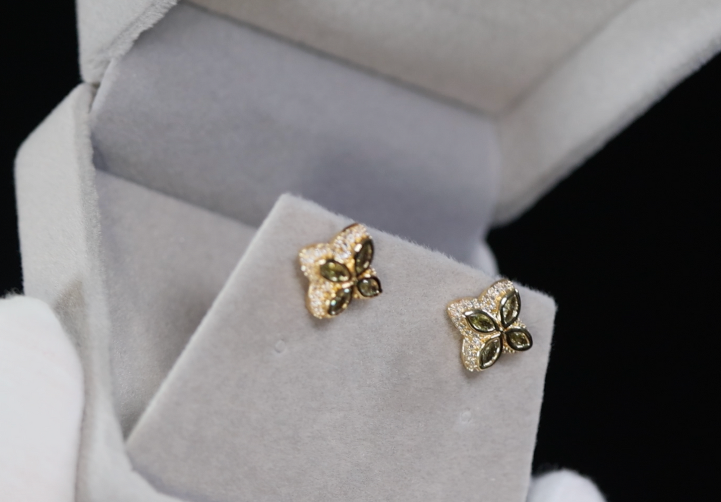 Gold Green Diamond Clover Ear Studs