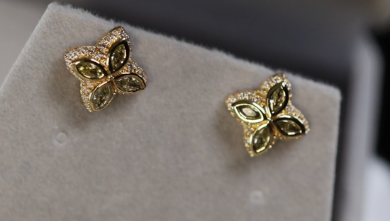 Gold Green Diamond Clover Ear Studs