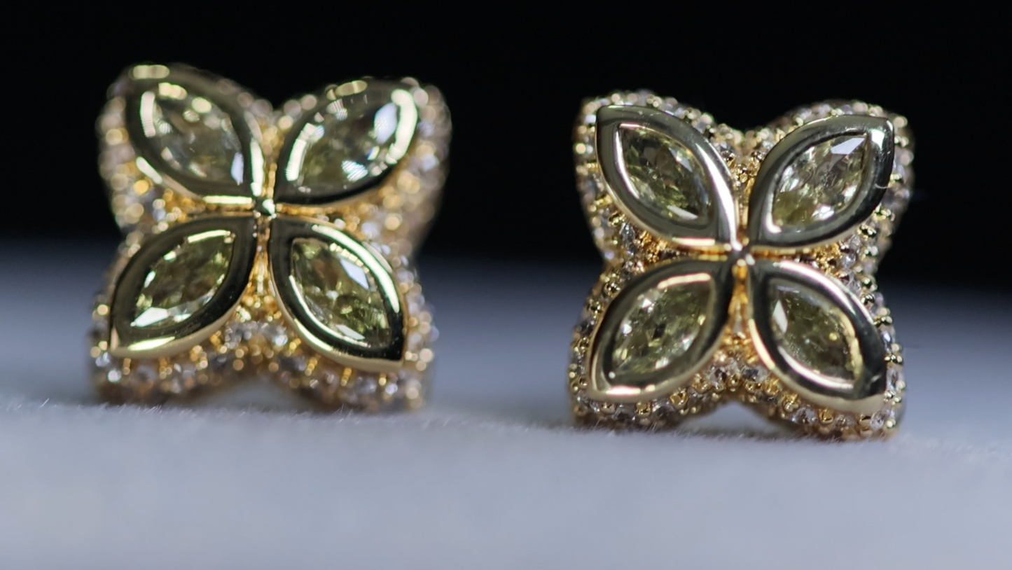 Gold Green Diamond Clover Ear Studs