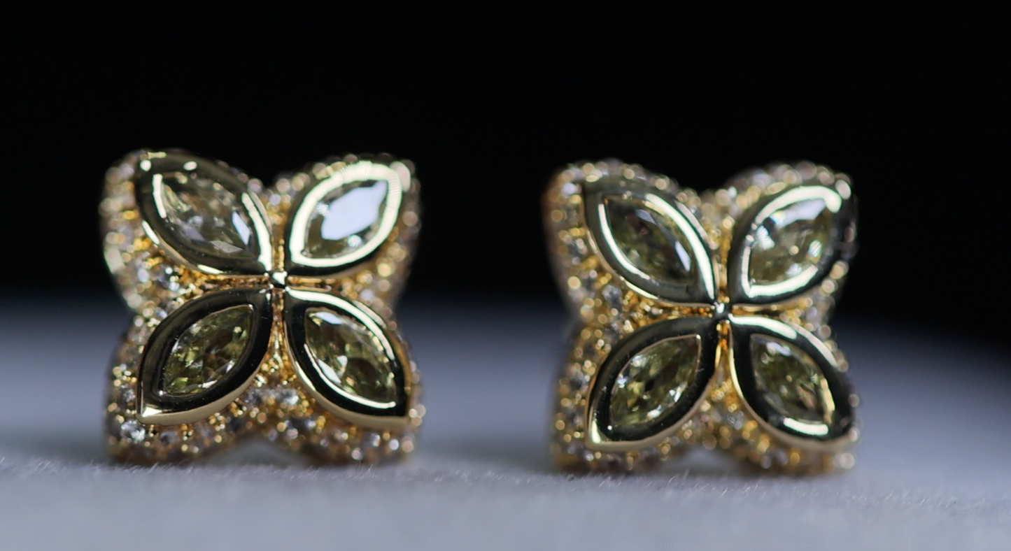 Gold Green Diamond Clover Ear Studs
