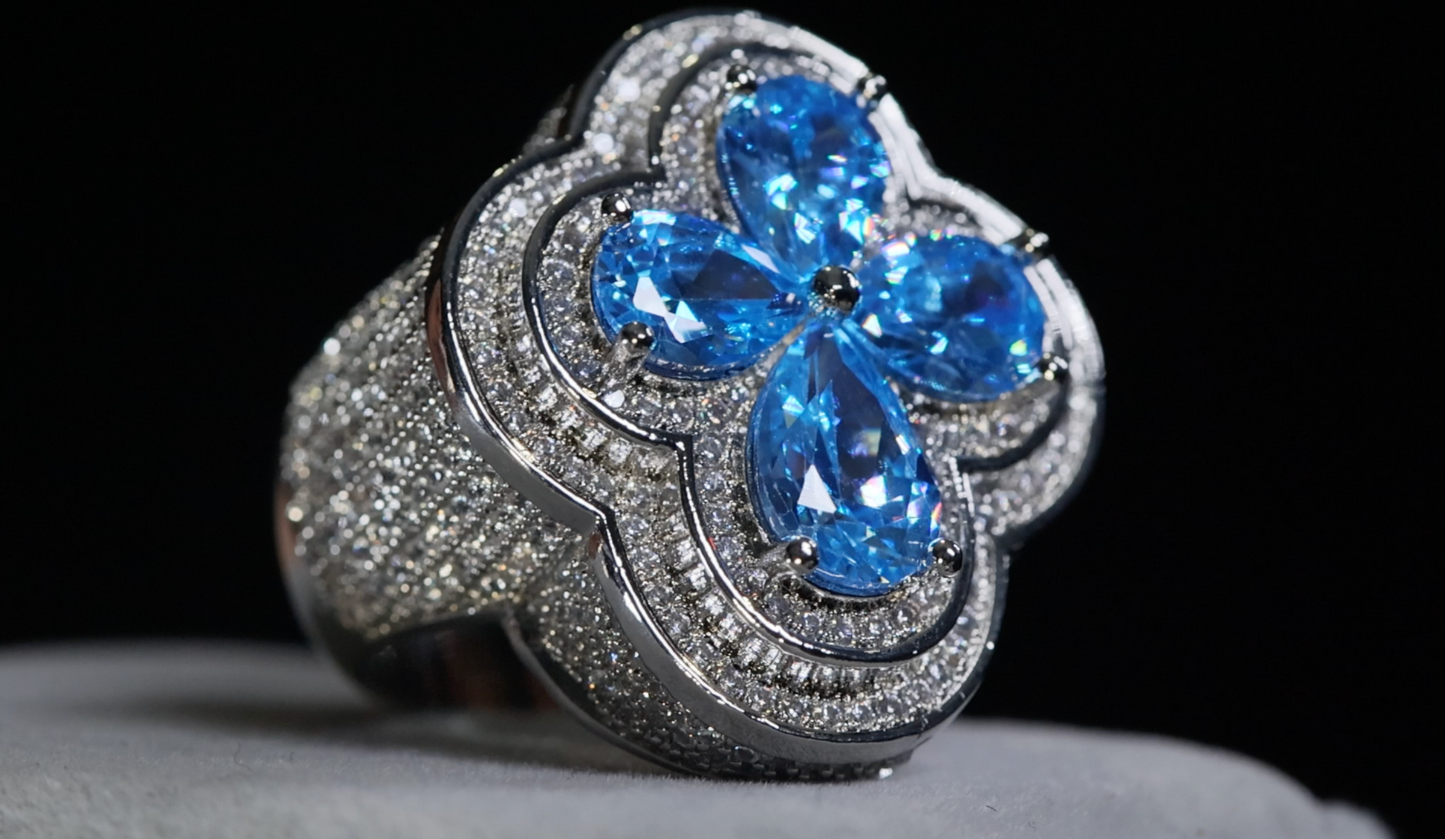 Men's Silver Ring with Blue Diamonds
