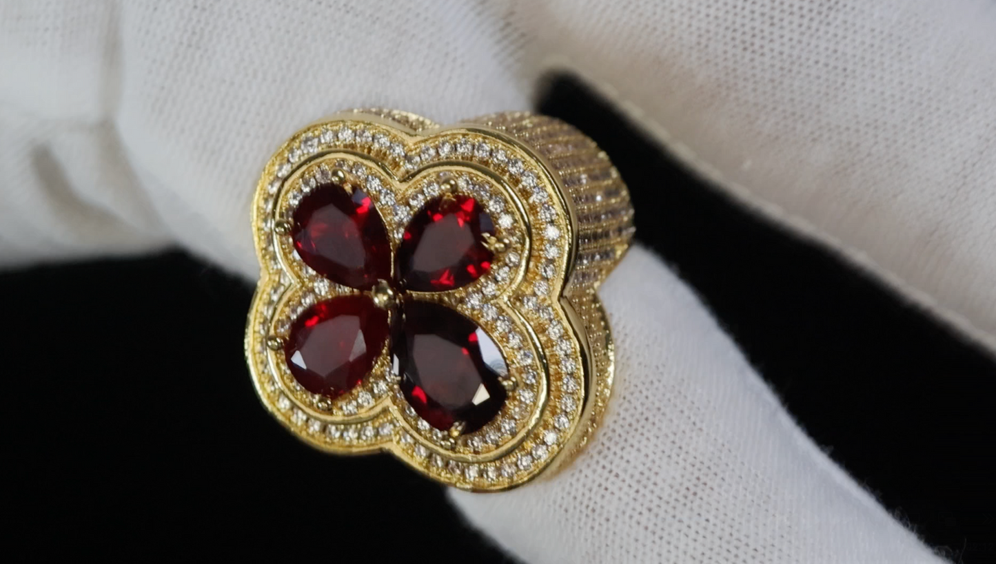 Men's Gold Red Diamond Clover Ring