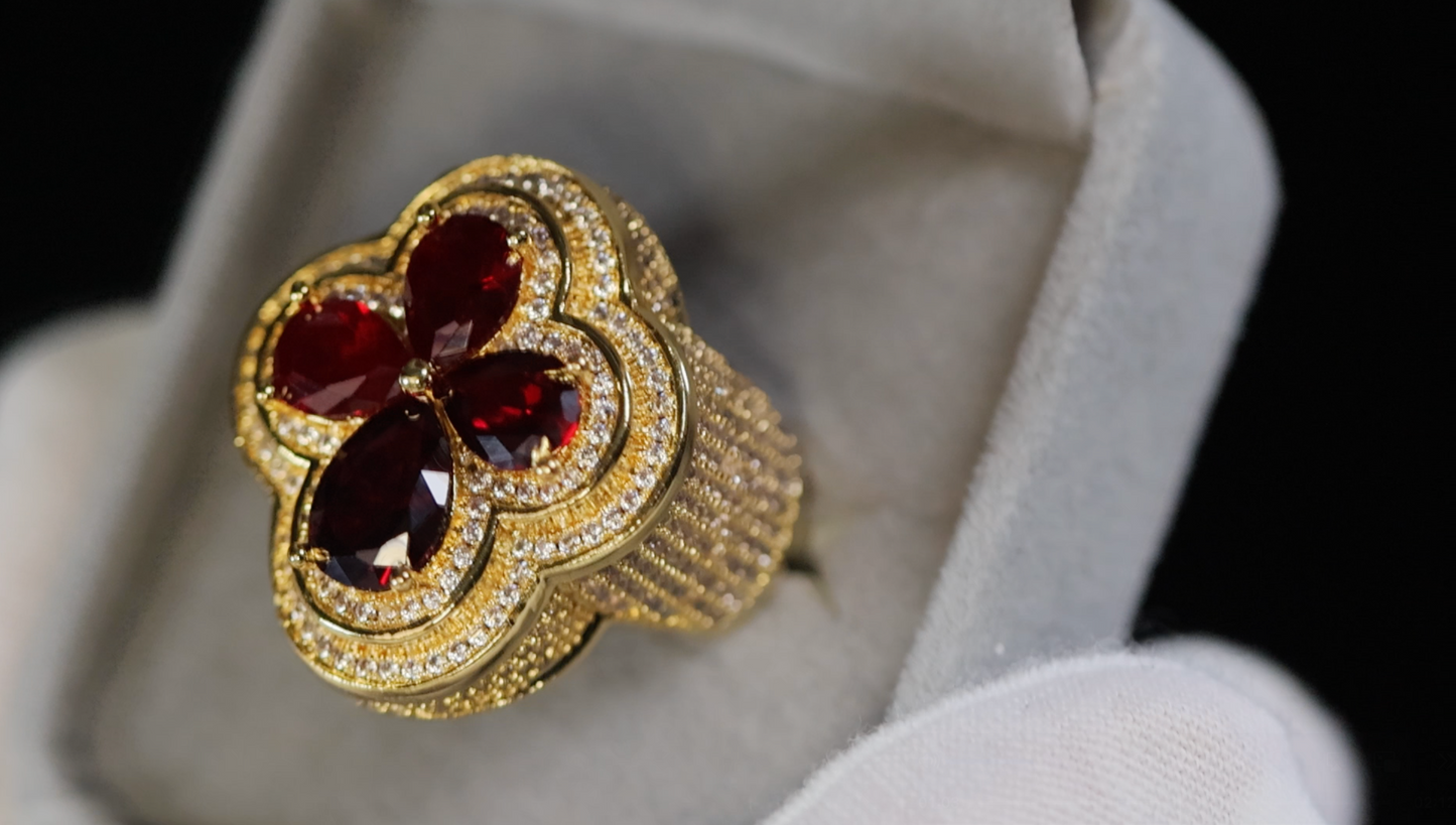 Men's Gold Red Diamond Cross Ring