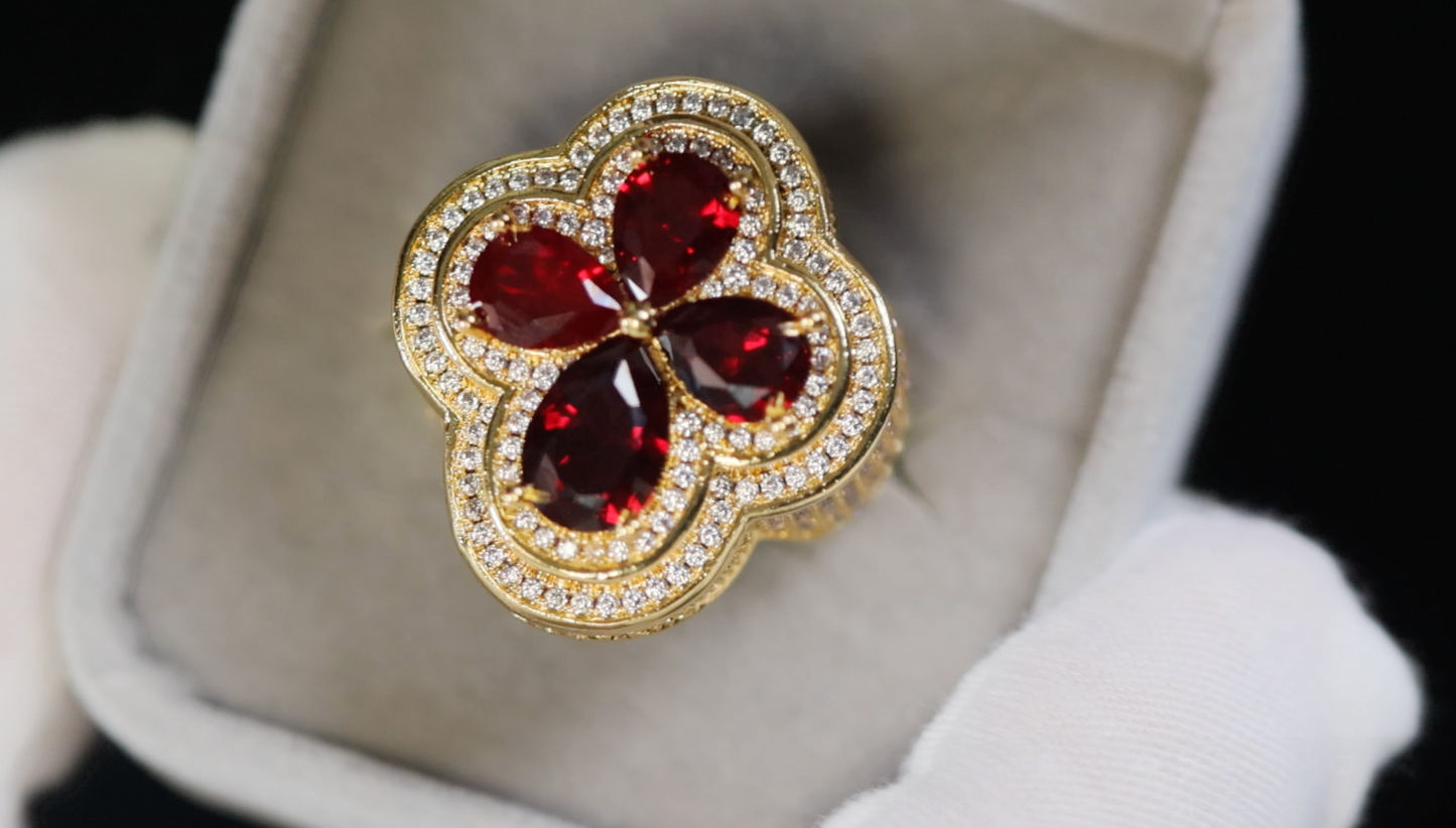 Men's Gold Red Diamond Clover Ring