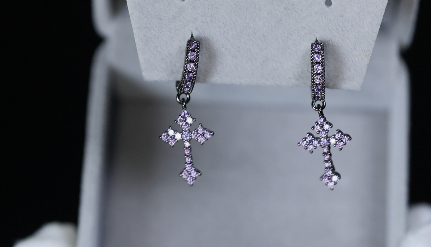 Purple Diamond Cross Hoop Earrings 
