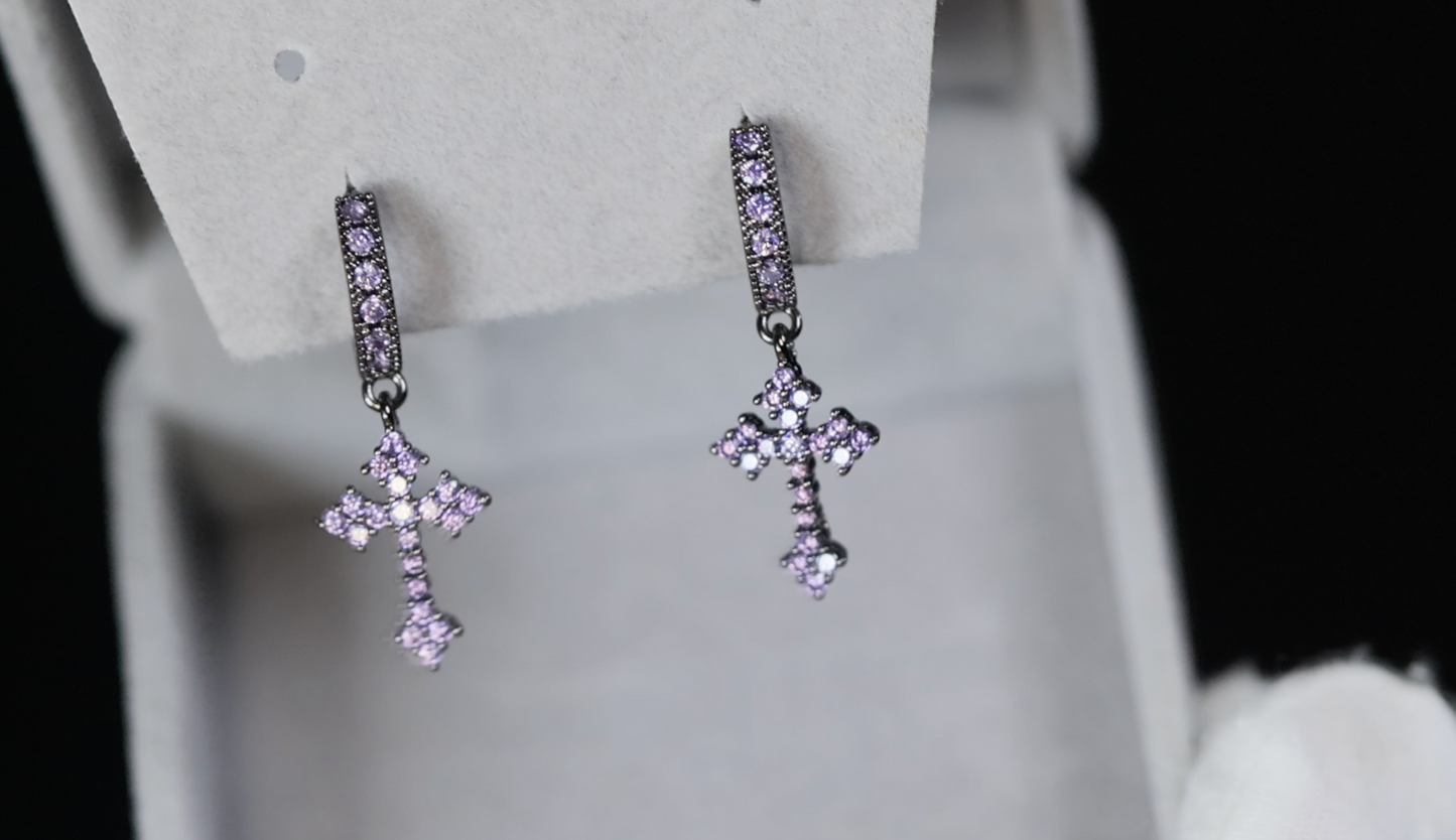 Purple Diamond Cross Earrings 