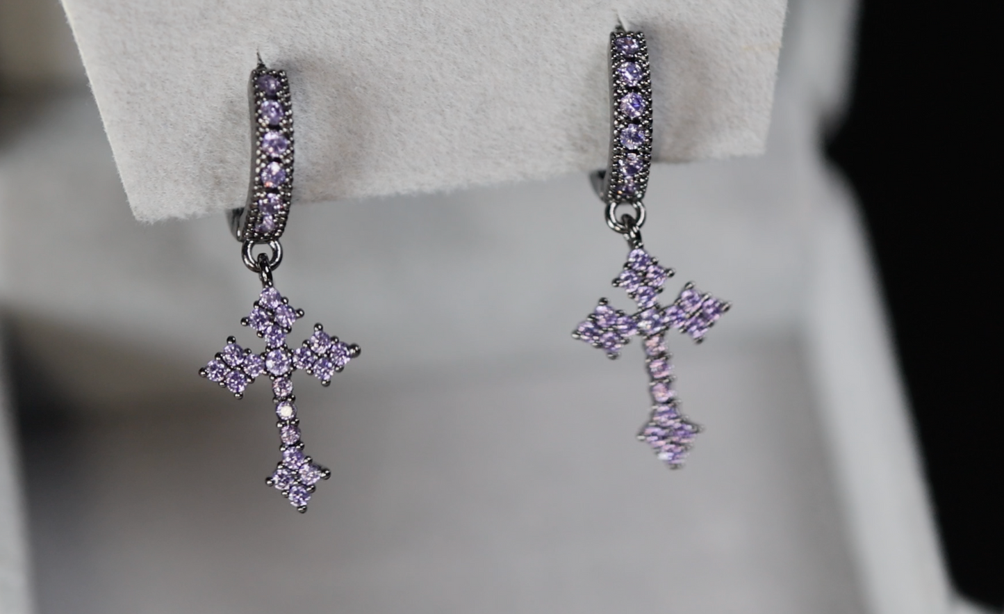 Purple Diamond Cross Earrings 
