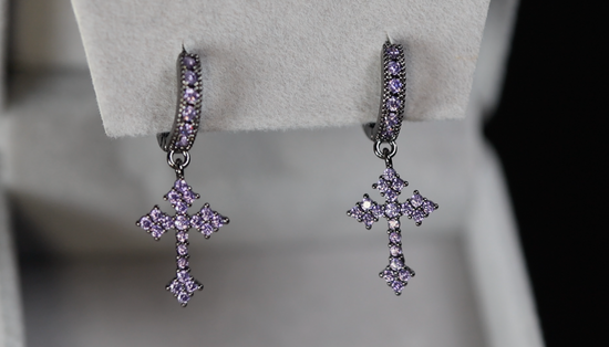 Purple Diamond Cross Earrings 