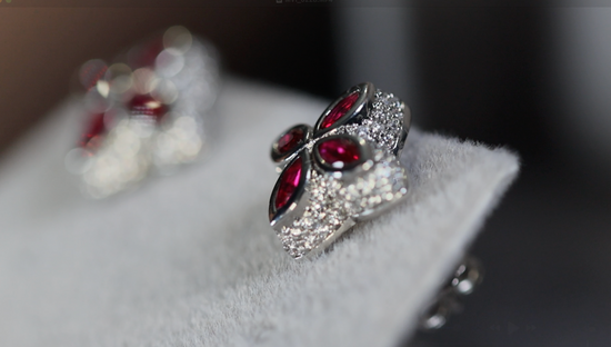 Silver Red Diamond Clover Ear Studs