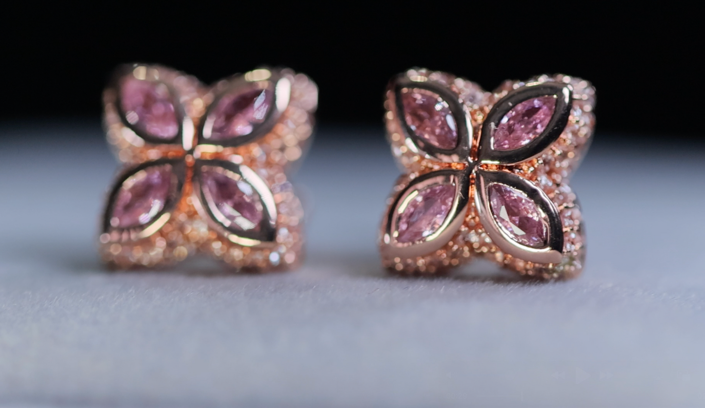 Rose Gold Pink Diamond Clover Ear Studs