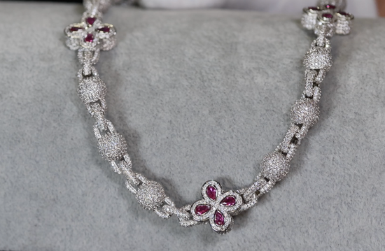 Men's Silver Pink Diamond Clover Chain