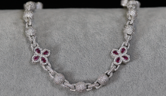 Men's Silver Pink Diamond Clover Chain