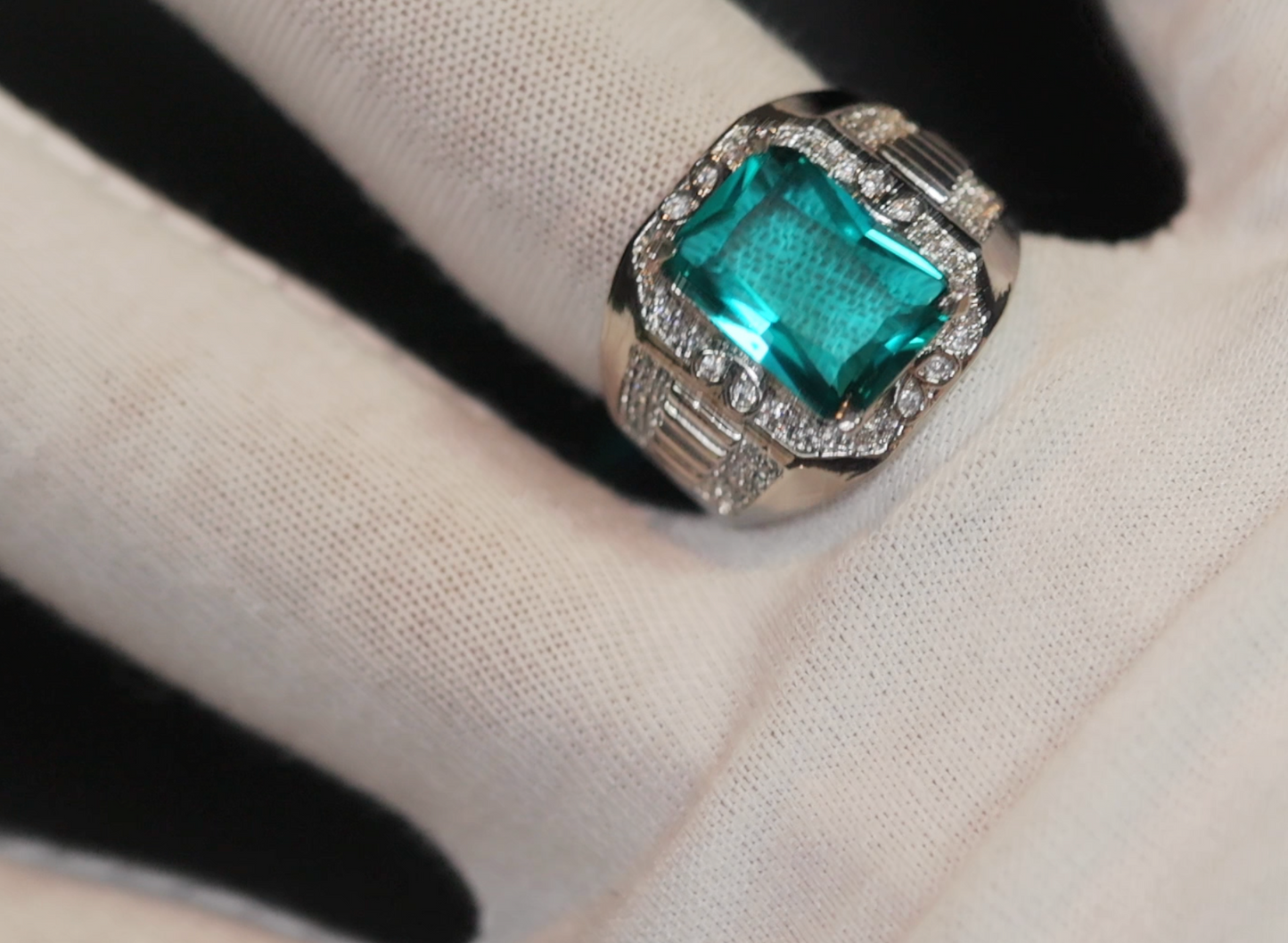 Mens big green diamond ring, Teal blue diamond ring, Mens Green diamond ring