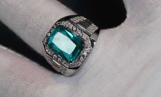 Mens big green diamond ring, Teal blue diamond ring, Mens Green diamond ring