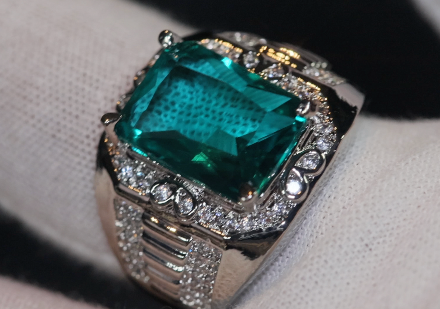 Mens big green diamond ring, Teal blue diamond ring, Mens Green diamond ring