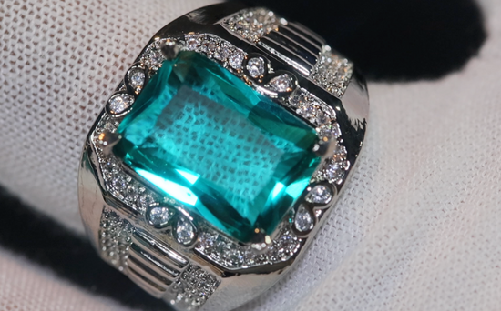 Mens big green diamond ring, Teal blue diamond ring, Mens Green diamond ring