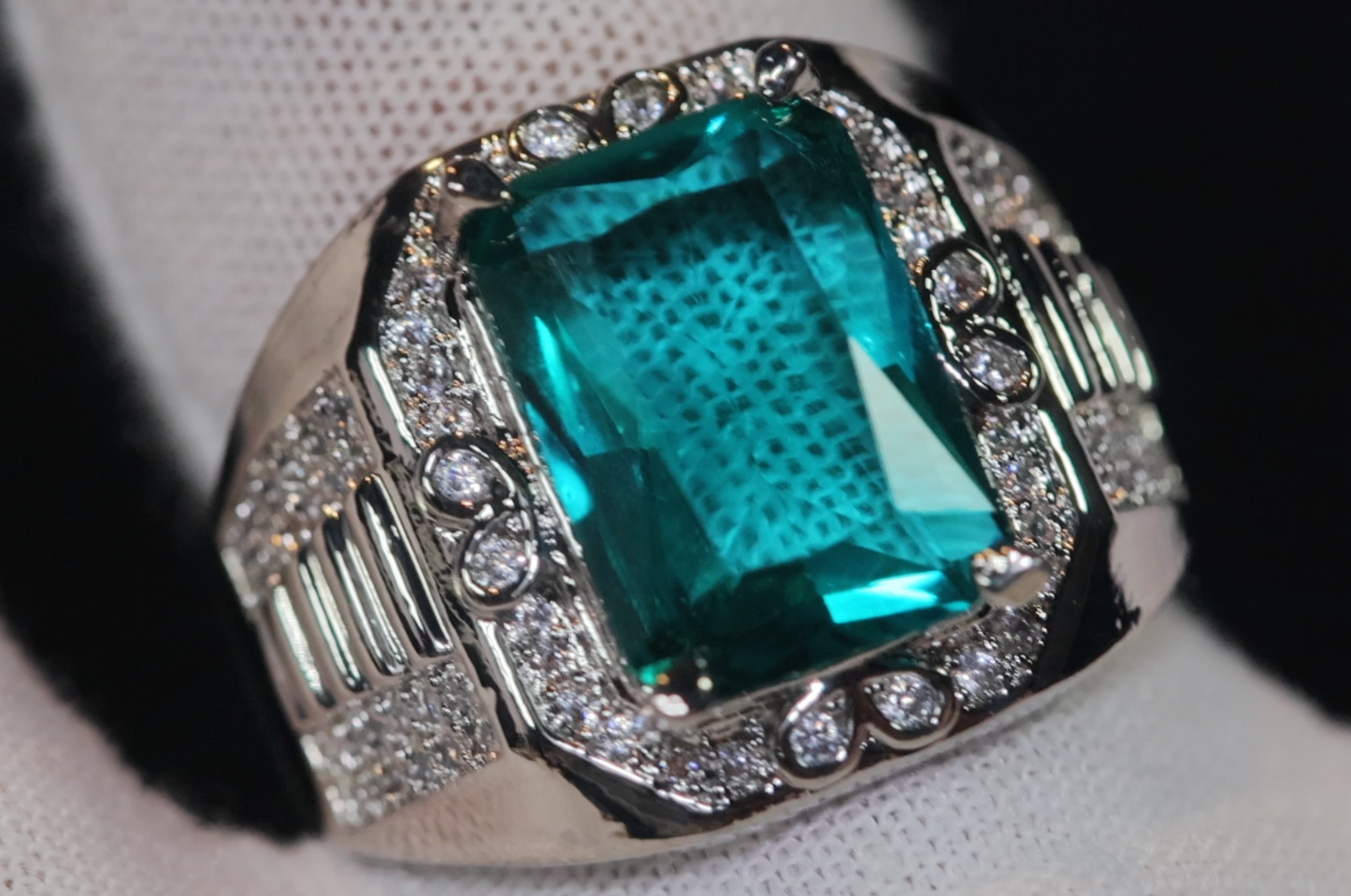 Mens big green diamond ring, Teal blue diamond ring, Mens Green diamond ring