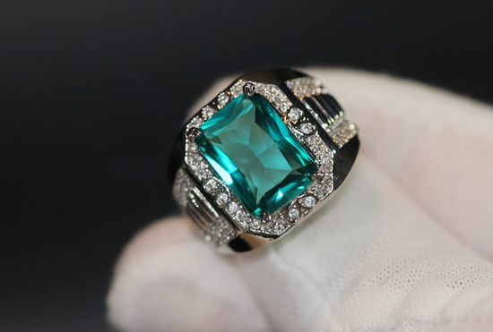 Mens big green diamond ring, Teal blue diamond ring, Mens Green diamond ring