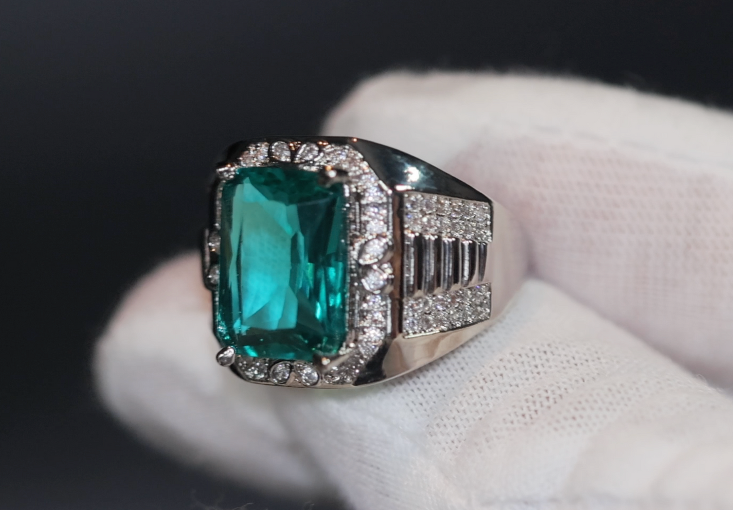 Mens big green diamond ring, Teal blue diamond ring, Mens Green diamond ring