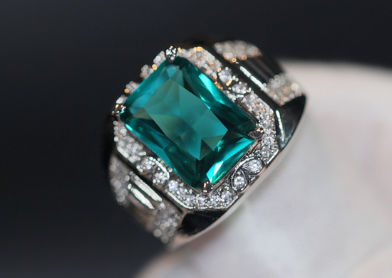 Mens big green diamond ring, Teal blue diamond ring, Mens Green diamond ring