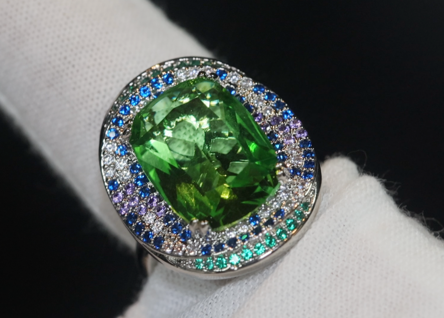 Womens Big Gemstone Ring | Statement Ring | Green Diamond Ring | Womens Big Diamond Ring | Emerald Diamond Ring | Round Green Diamond Ring