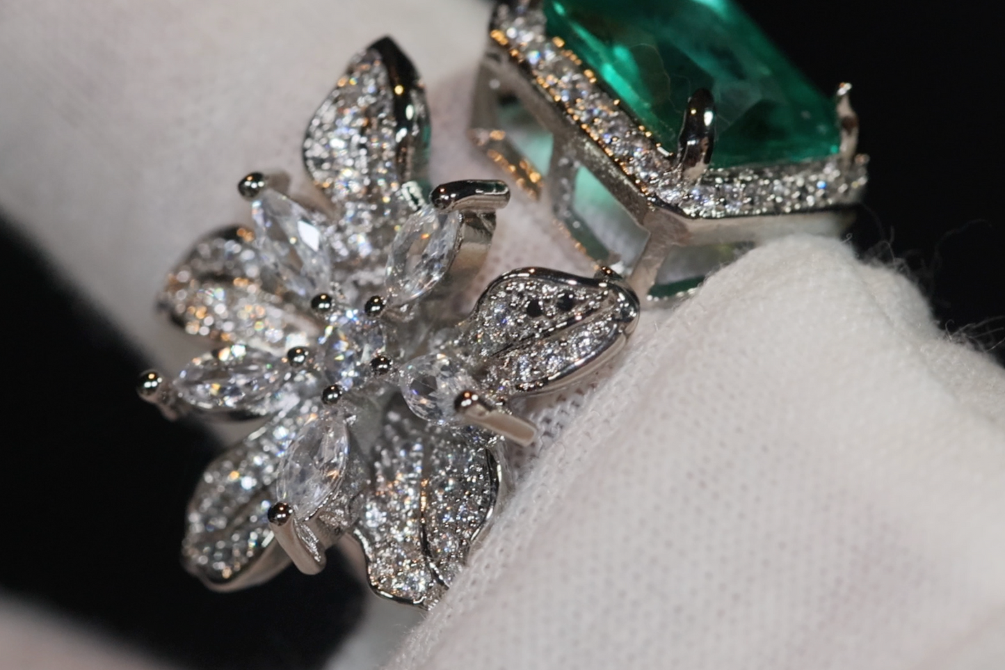 Big Green Diamond Ring | Womens Promise Rings | Green diamond flower ring