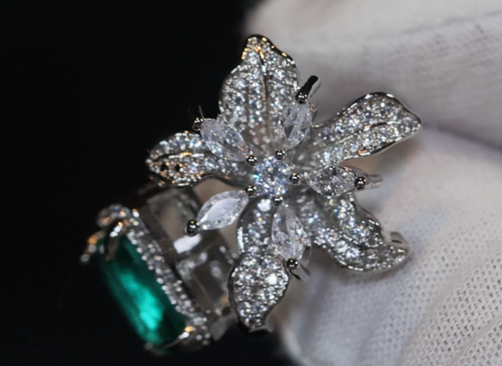 Big Green Diamond Ring | Womens Promise Rings | Green diamond flower ring