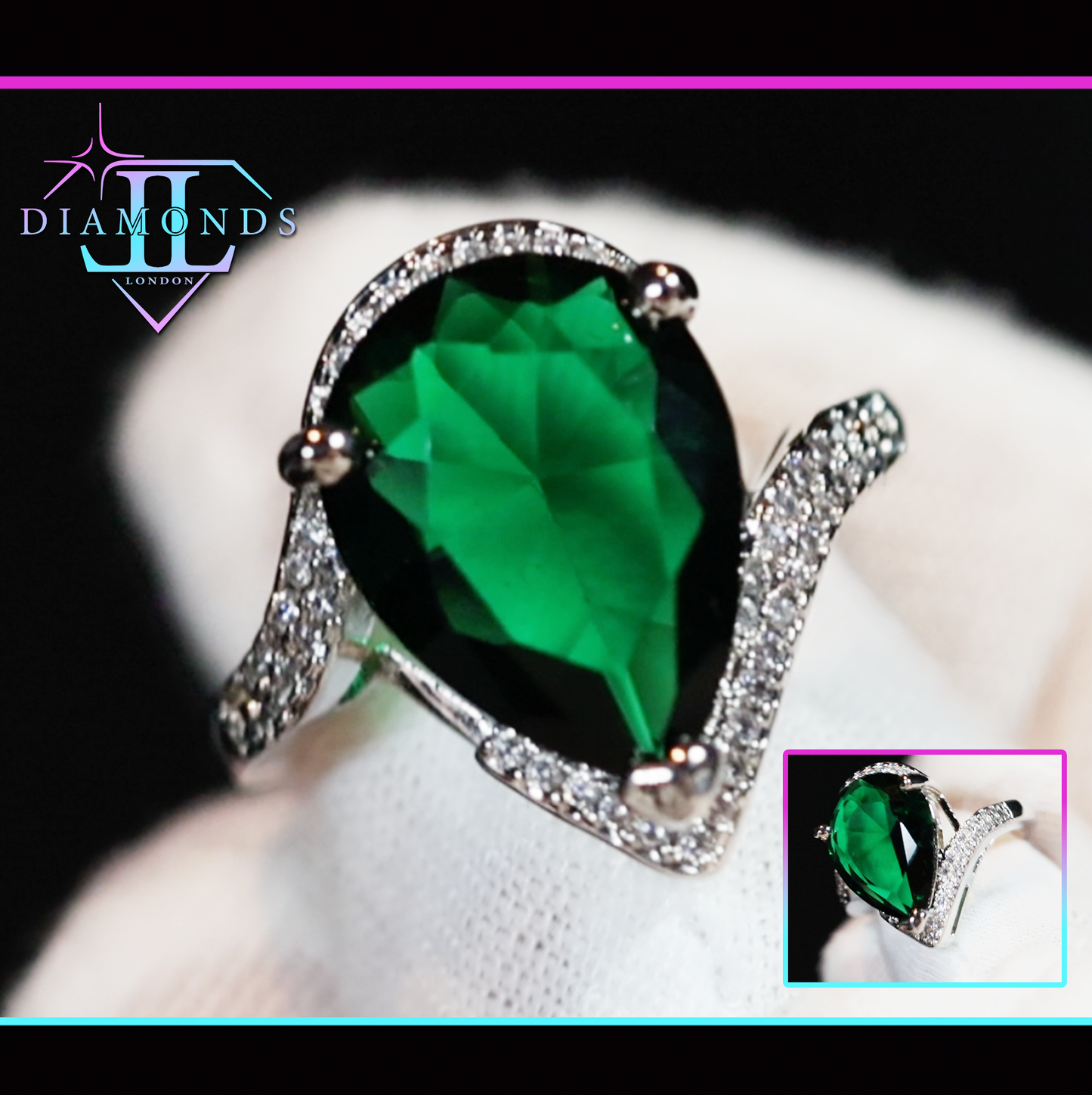 Green pear cut diamond ring