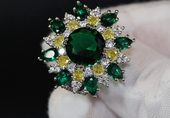 Green Diamond Ring | Green Diamond Statement Ring | Diamond Flower Ring