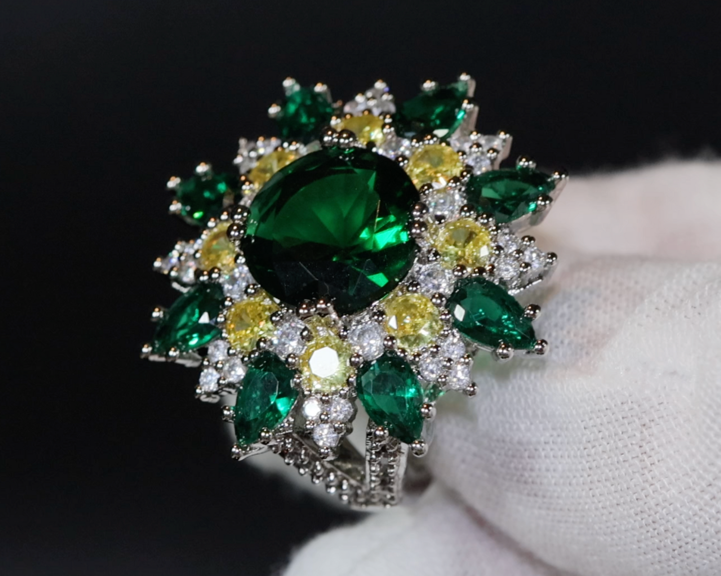 Green Diamond Ring | Green Diamond Statement Ring | Diamond Flower Ring