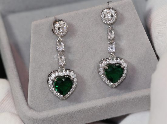 Green Diamond Earrings | Green Diamond Heart Earrings | Emerald Diamond Earrings | Heart Earrings | Womens Diamond Heart Earrings