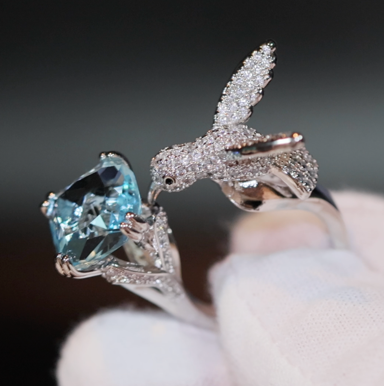 Diamond Bird Ring | Big Diamond Ring | Womens Statement Ring |  Aquamarine Engagement Ring | Blue Diamond Ring | Womens Blue Gemstone Ring