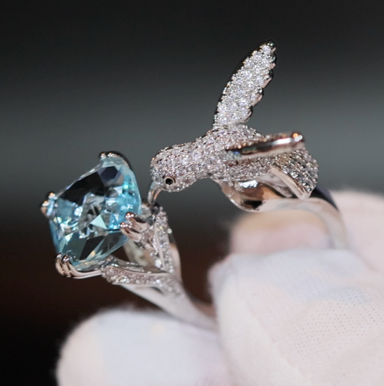 Diamond Bird Ring | Big Diamond Ring | Womens Statement Ring |  Aquamarine Engagement Ring | Blue Diamond Ring | Womens Blue Gemstone Ring