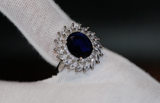 Sapphire Blue Diamond Ring | Blue Diamond Engagement Ring | Sapphire Blue Ring | Blue Wedding Ring | Blue Diamond Ring with halo | Halo Ring