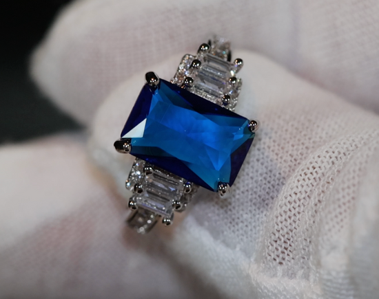 Sapphire Blue Diamond Ring | Blue Diamond Engagement Ring | Sapphire Blue Ring | Blue Wedding Ring | Blue Emerald Ring | Emerald Cut Ring