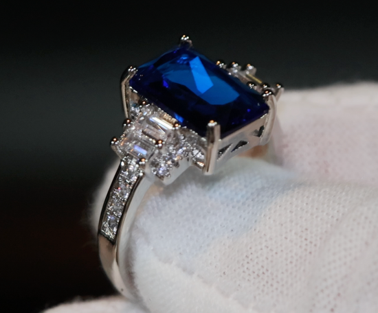 Sapphire Blue Diamond Ring | Blue Diamond Engagement Ring | Sapphire Blue Ring | Blue Wedding Ring | Blue Emerald Ring | Emerald Cut Ring