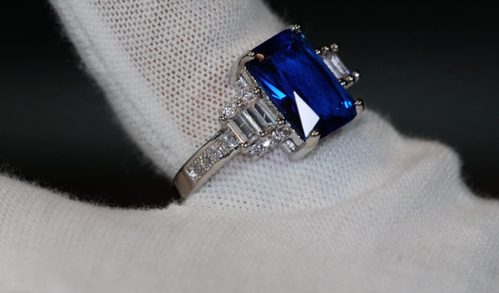 Sapphire Blue Diamond Ring | Blue Diamond Engagement Ring | Sapphire Blue Ring | Blue Wedding Ring | Blue Emerald Ring | Emerald Cut Ring