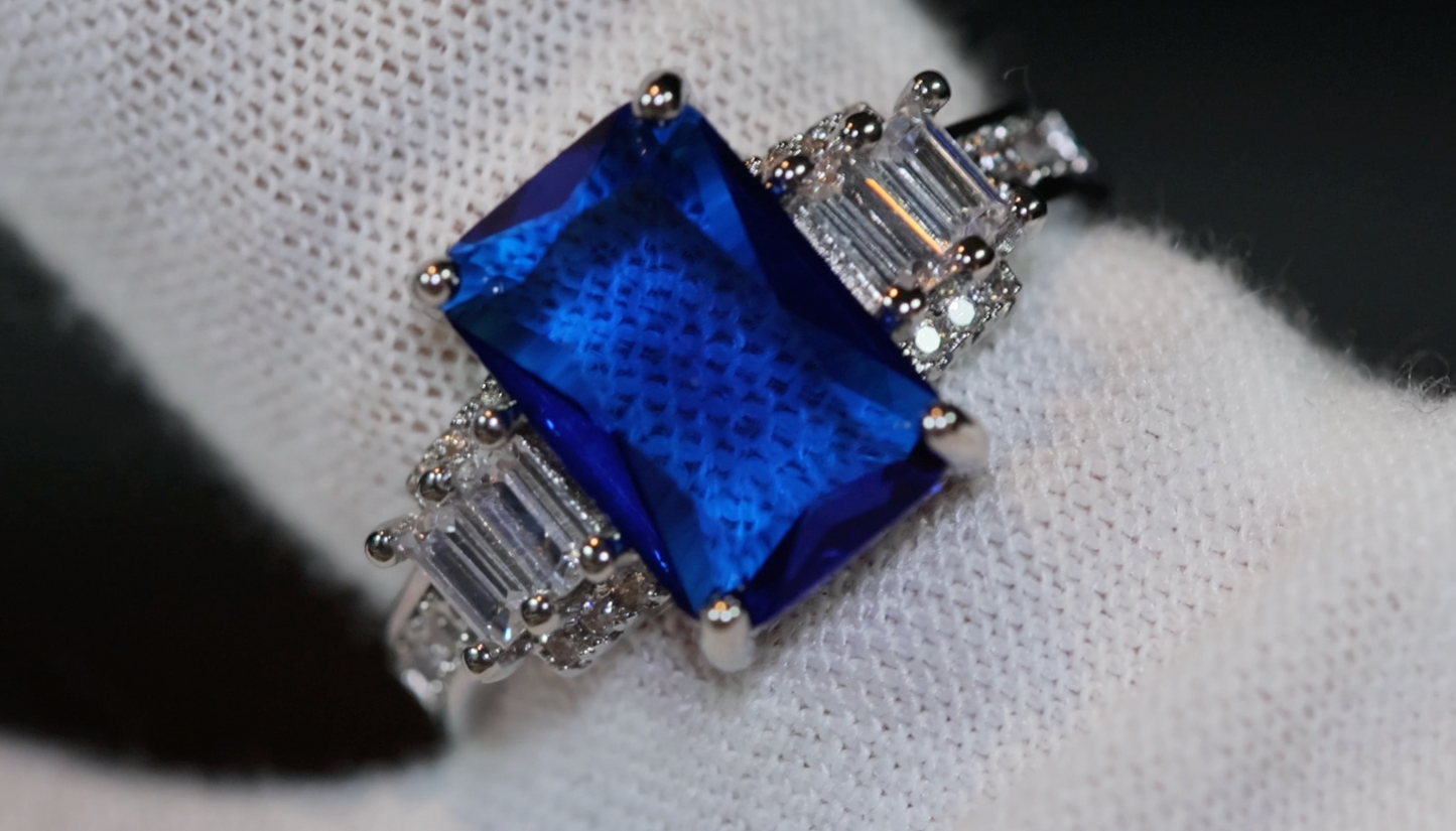 Sapphire Blue Diamond Ring | Blue Diamond Engagement Ring | Sapphire Blue Ring | Blue Wedding Ring | Blue Emerald Ring | Emerald Cut Ring