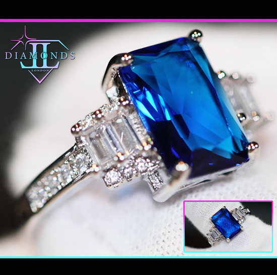 womens blue rectangle diamond ring