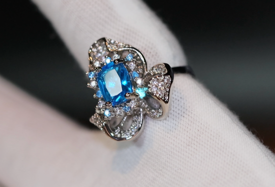 Blue Diamond Ring | Blue Oval Diamond Flower Ring | Diamond Flower Ring