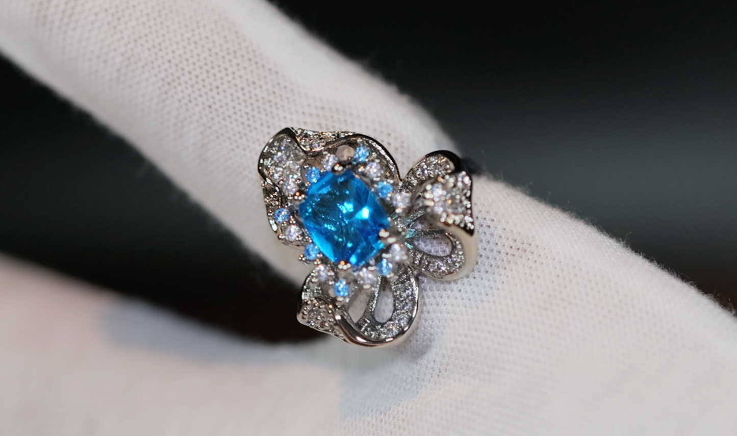 Blue Diamond Ring | Blue Oval Diamond Flower Ring | Diamond Flower Ring