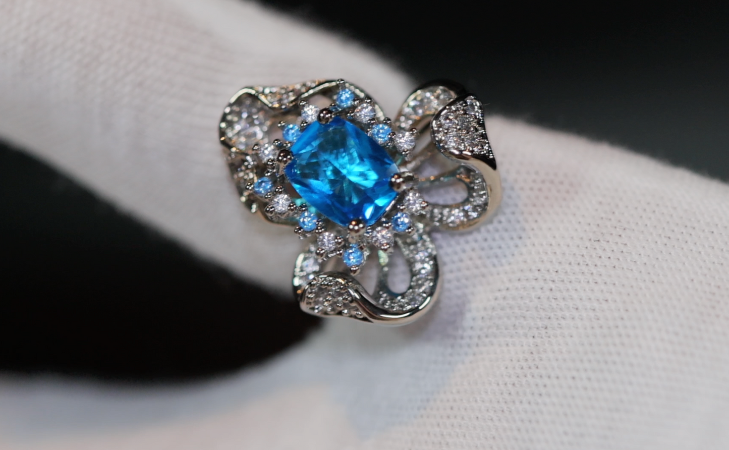 Blue Diamond Ring | Blue Oval Diamond Flower Ring | Diamond Flower Ring