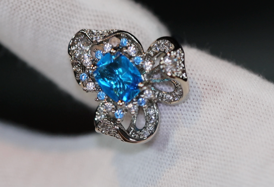 Blue Diamond Ring | Blue Oval Diamond Flower Ring | Diamond Flower Ring