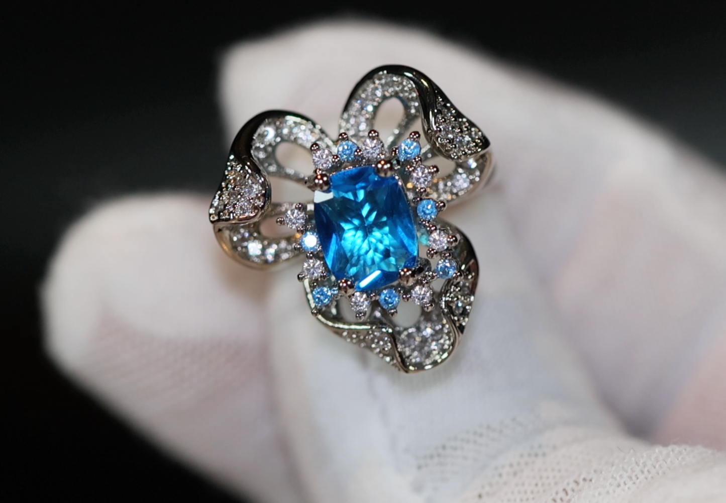 Blue Diamond Ring | Blue Oval Diamond Flower Ring | Diamond Flower Ring