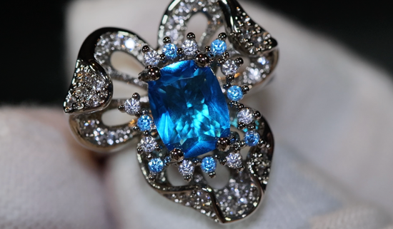 Blue Diamond Ring | Blue Oval Diamond Flower Ring | Diamond Flower Ring