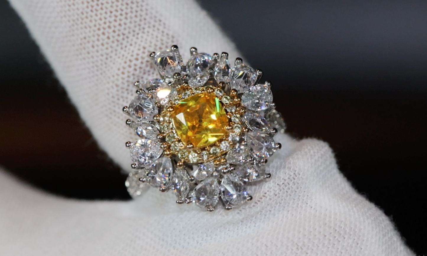 Yellow Diamond Ring | Flower Diamond Ring | Yellow Diamond Ring | Baguette Ring | Womens Statement Ring | Big Yellow Diamond Ring