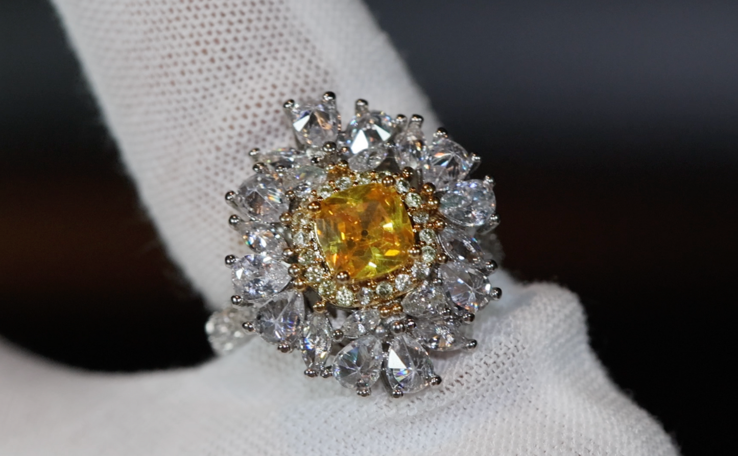 Yellow Diamond Ring | Flower Diamond Ring | Yellow Diamond Ring | Baguette Ring | Womens Statement Ring | Big Yellow Diamond Ring