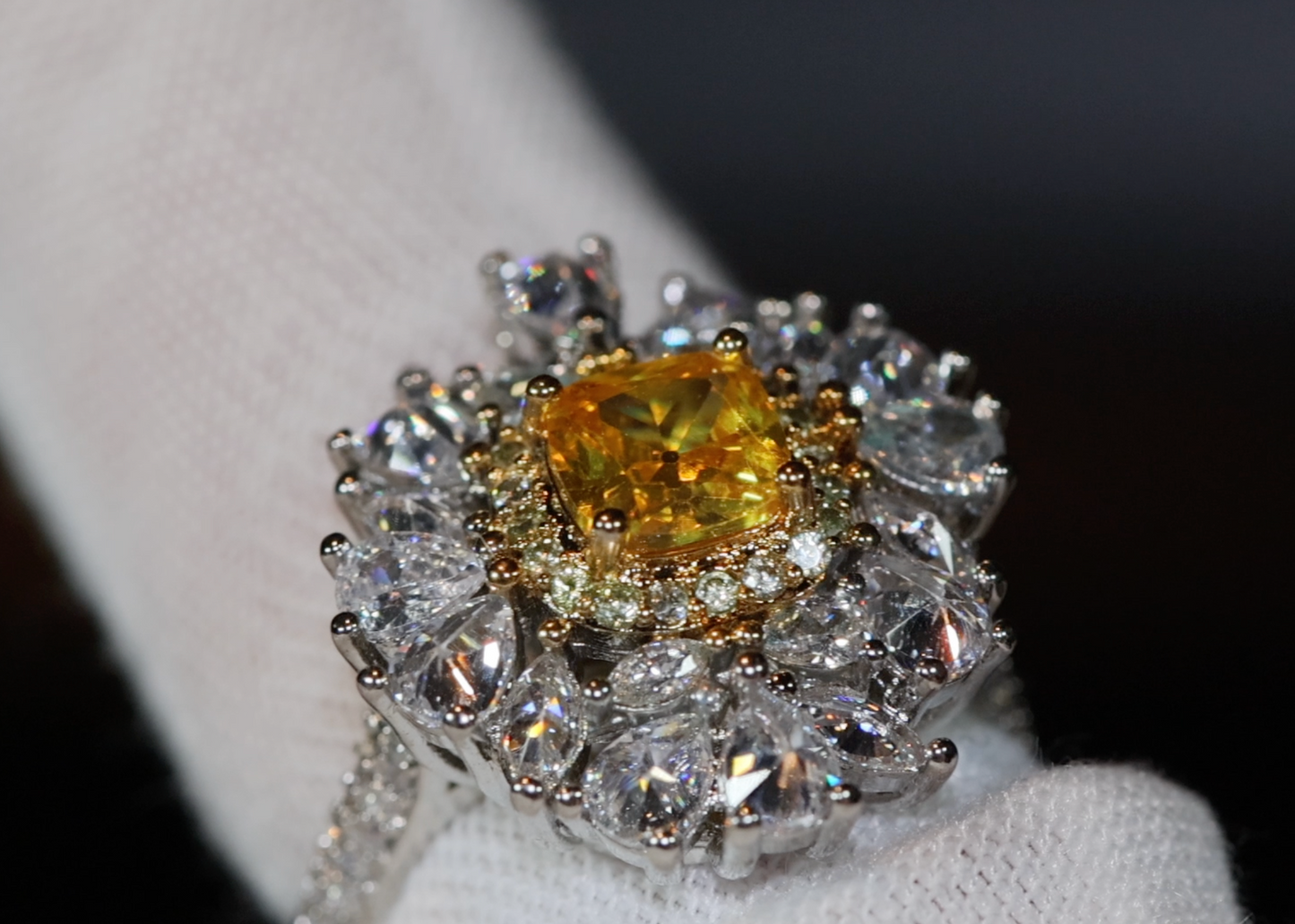 Yellow Diamond Ring | Flower Diamond Ring | Yellow Diamond Ring | Baguette Ring | Womens Statement Ring | Big Yellow Diamond Ring