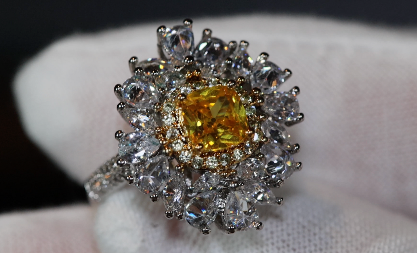 Yellow Diamond Ring | Flower Diamond Ring | Yellow Diamond Ring | Baguette Ring | Womens Statement Ring | Big Yellow Diamond Ring