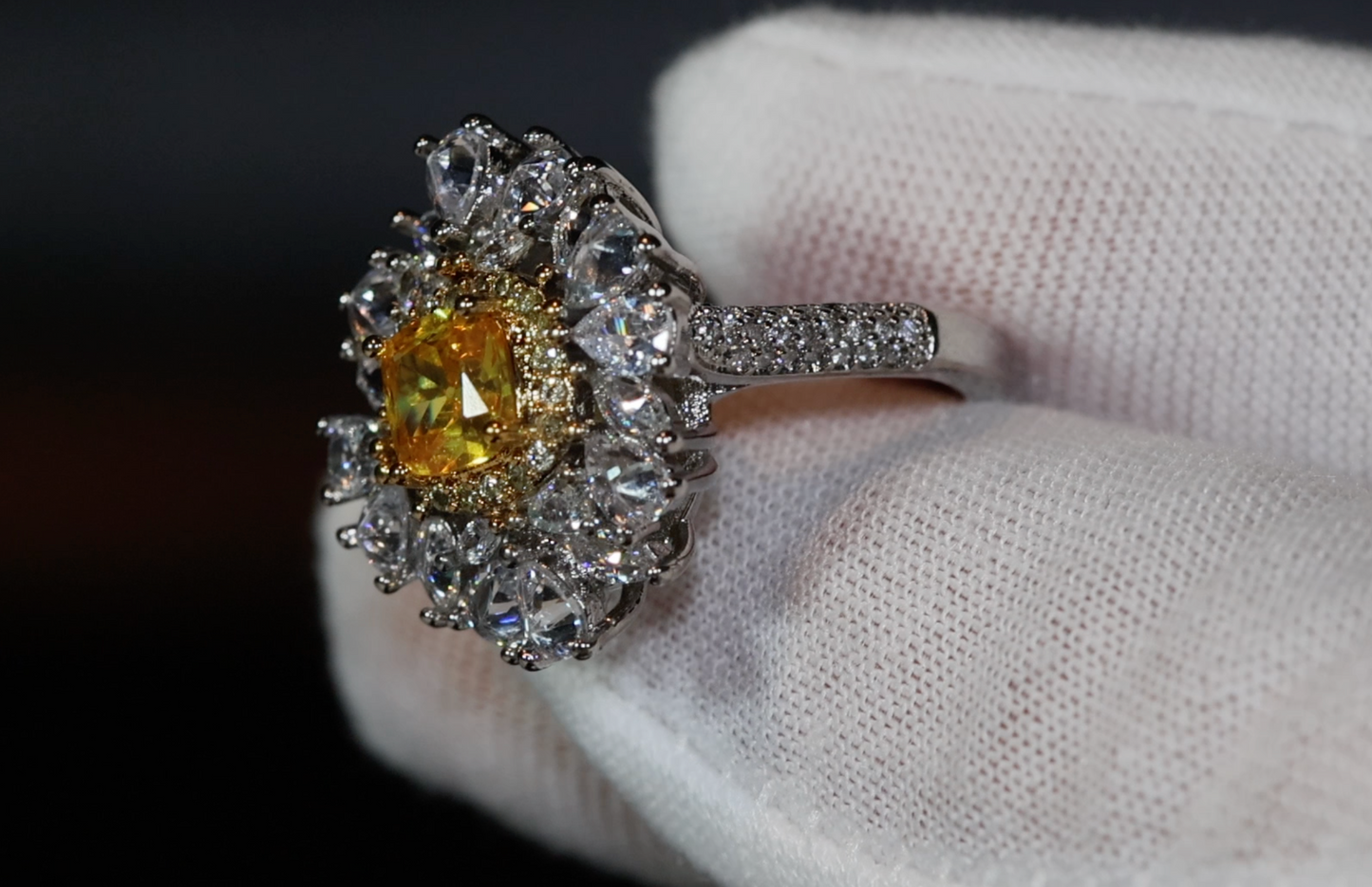 Yellow Diamond Ring | Flower Diamond Ring | Yellow Diamond Ring | Baguette Ring | Womens Statement Ring | Big Yellow Diamond Ring